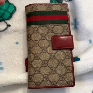 Gucci Beige and Burgundy Wallet with Green Stripe